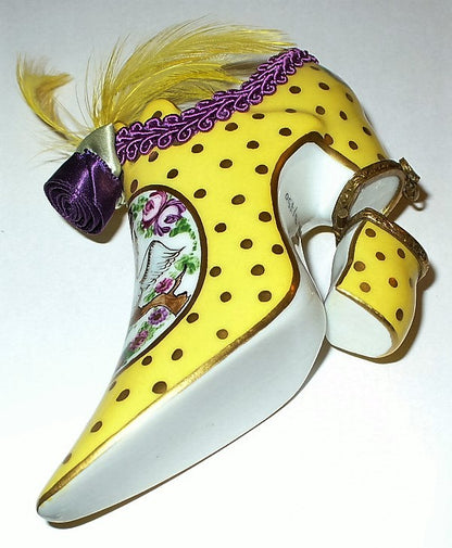 LIMOGES FRANCE BOX - YELLOW SHOE & FLOWERS & DOVES - BRAID & ROSETTE & FEATHERS
