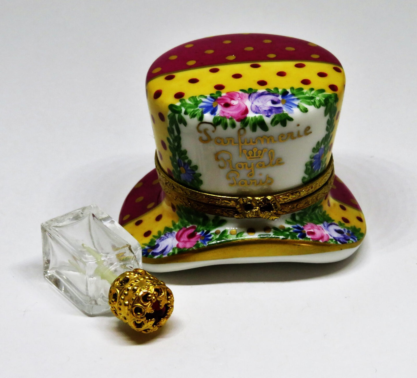 LIMOGES FRANCE BOX - PARIS PARFUMERIE HAT & PERFUME BOTTLE - FLOWERS - ROSES