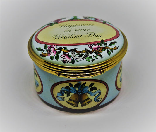 HALCYON DAYS ENAMEL BOX - "HAPPINESS ON YOUR WEDDING DAY" - ROSES & DOVES - MIB