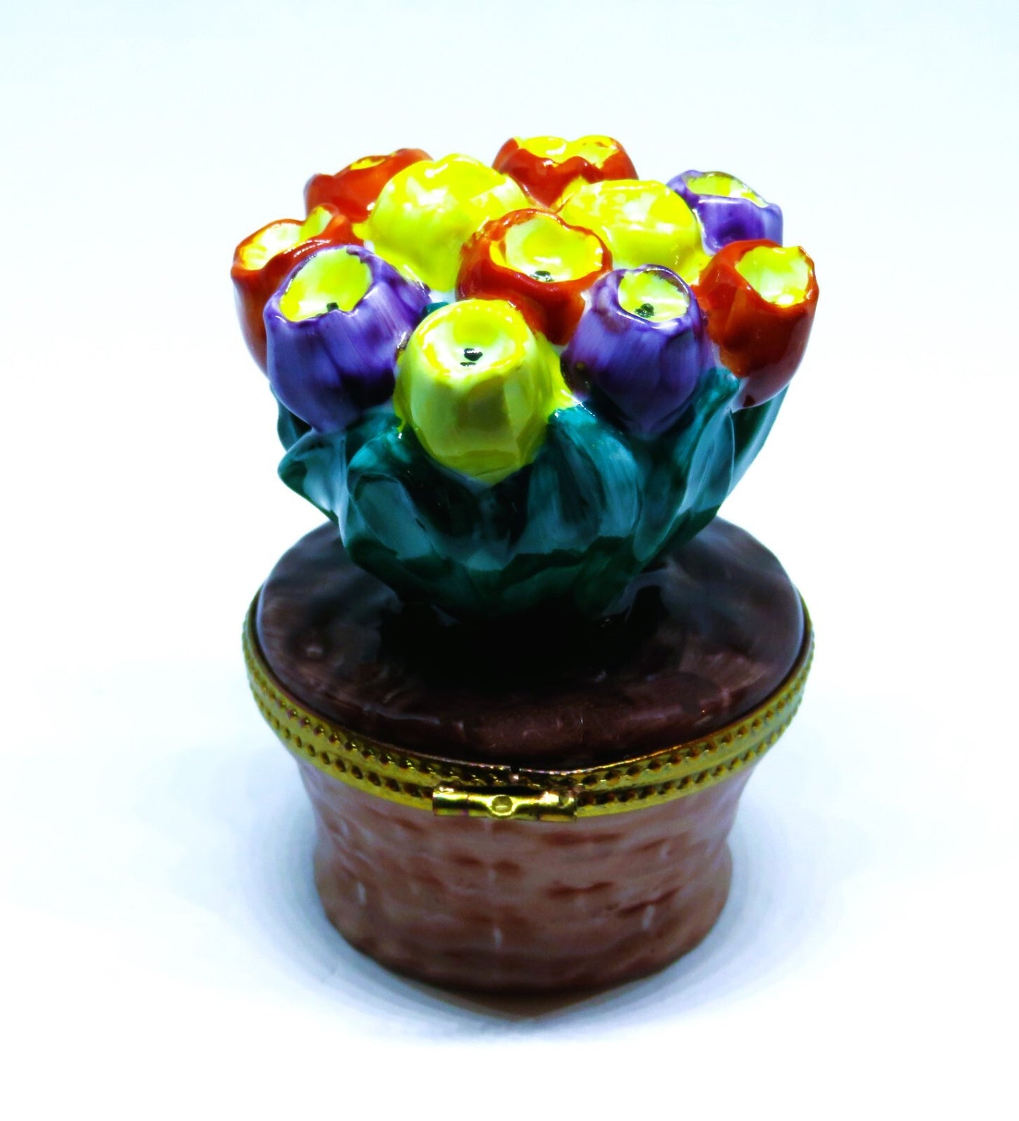 LIMOGES BOX ~ ROCHARD ~ VINTAGE BASKET OF TULIPS ~ FLOWERS ~ HAND PAINTED