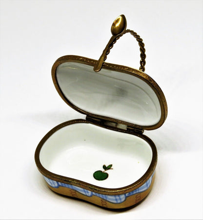 LIMOGES BOX - 'WICKER' PICNIC BASKET & SPOON CLASP - WINE, CHEESE & FRUIT