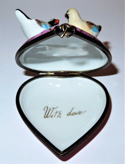 LIMOGES FRANCE BOX - PINK & GOLD HEART & LOVEBIRDS - "WITH LOVE" - ANNIVERSARY