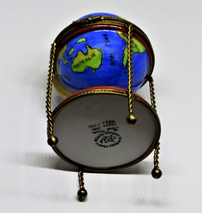 LIMOGES FRANCE BOX -PARRY-VIEILLE- WORLD GLOBE & METAL STAND - REMOVABLE COMPASS