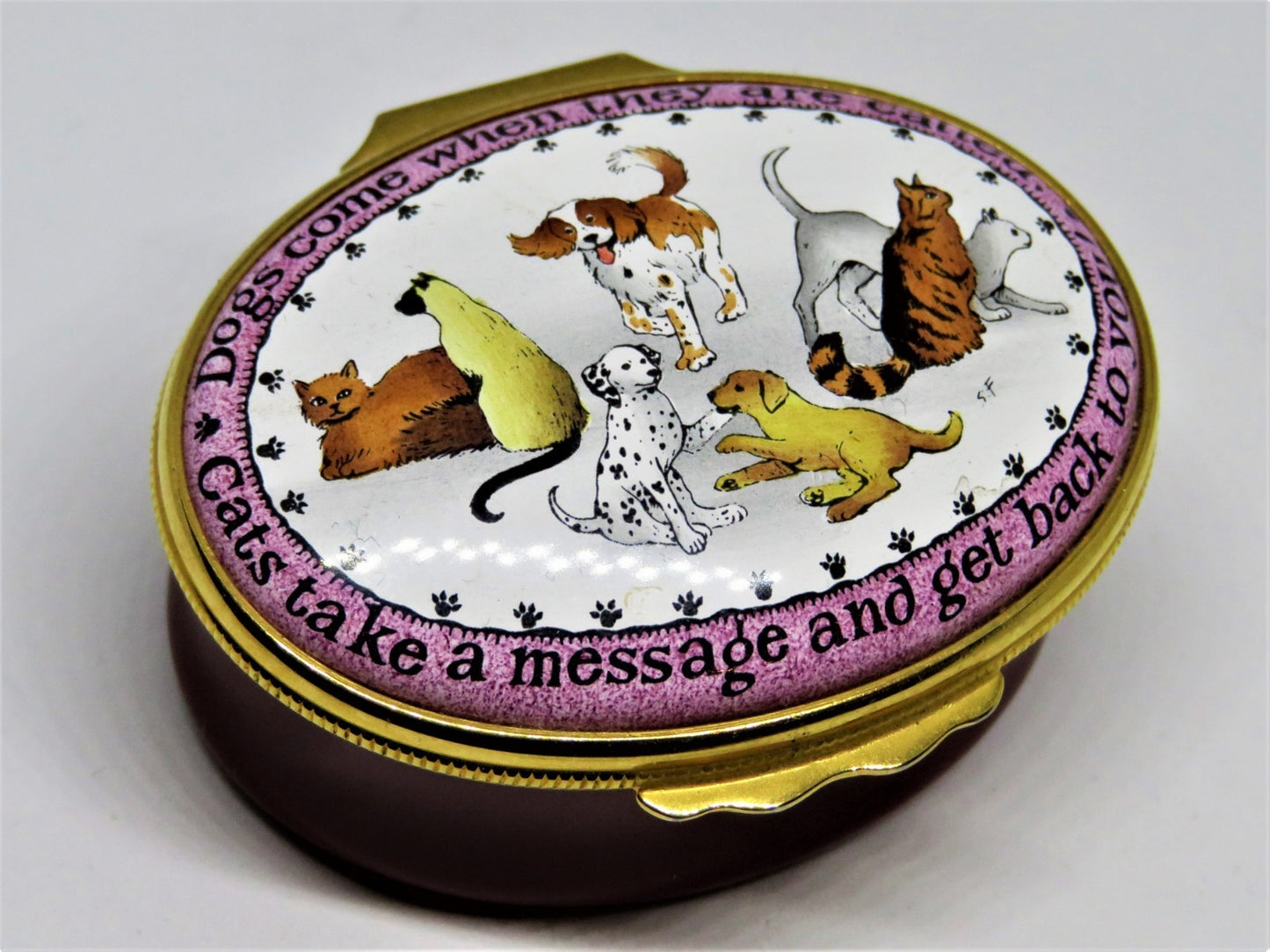 HALCYON DAYS ENAMEL BOX- "THE DIFFERENCE BETWEEN DOGS & CATS" - GUMP'S EXCLUSIVE