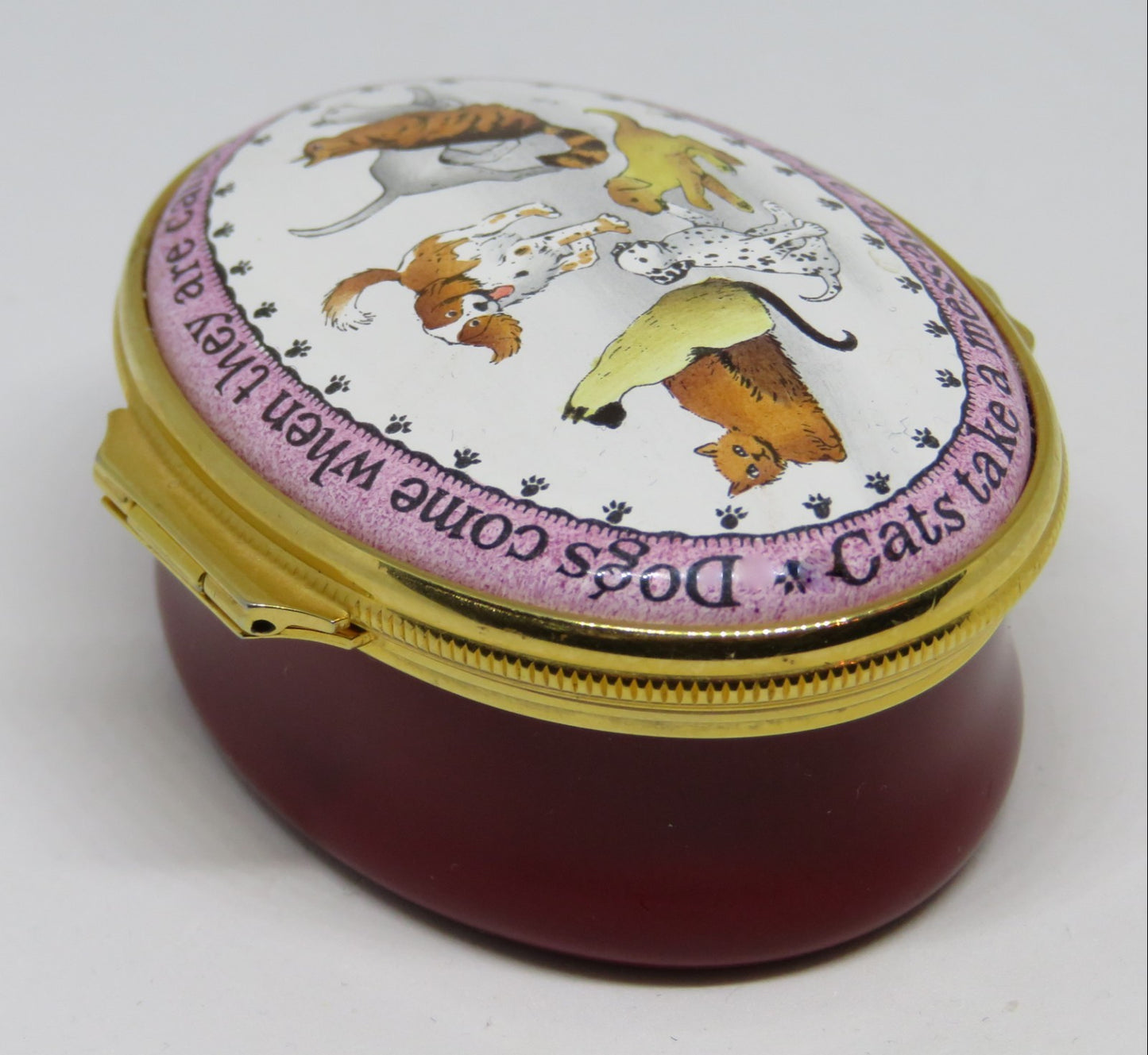 HALCYON DAYS ENAMEL BOX- "THE DIFFERENCE BETWEEN DOGS & CATS" - GUMP'S EXCLUSIVE