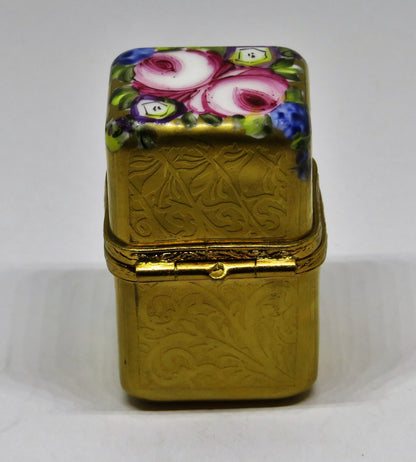 LIMOGES BOX - SMALL GOLD INCRUSTATION CHEST & PERFUME BOTTLE - FLOWERS - ROSES