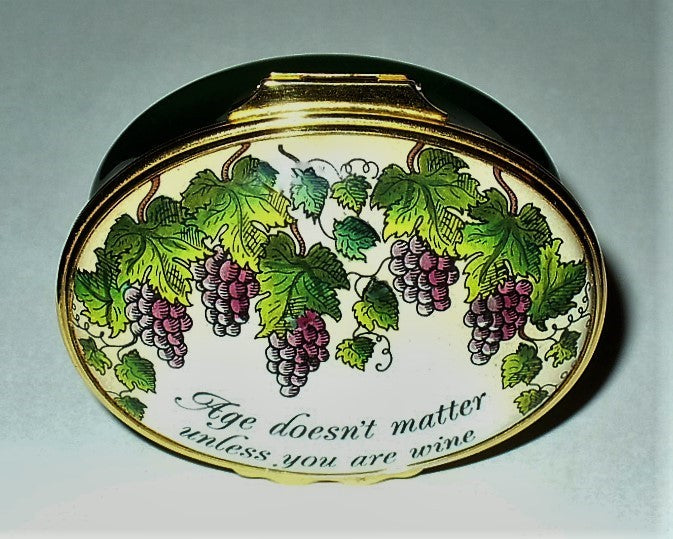 HALCYON DAYS ENAMEL BOX- GUMP'S - AGE DOESN'T MATTER UNLESS YOU'RE WINE - GRAPES