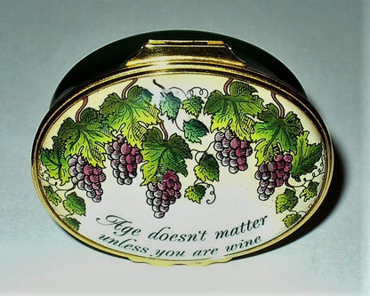 HALCYON DAYS ENAMEL BOX- GUMP'S - AGE DOESN'T MATTER UNLESS YOU'RE WINE - GRAPES
