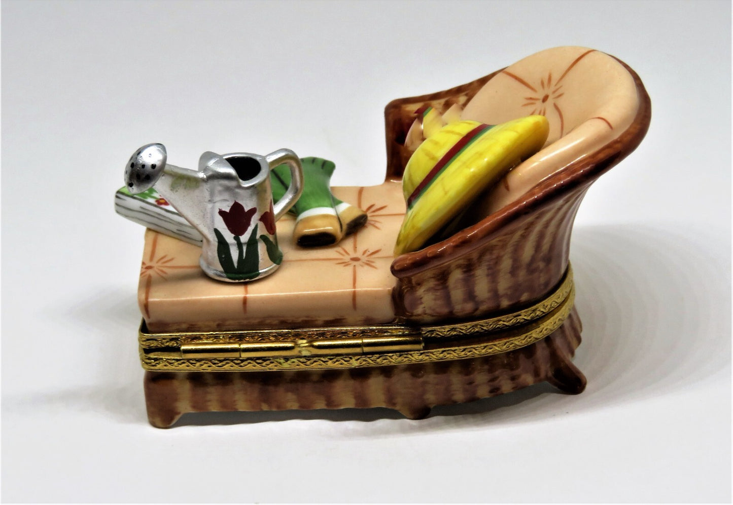 LIMOGES BOX - GARDEN CHAIR - HAT & RUBBER GLOVES & WATERING CAN & GARDENING BOOK