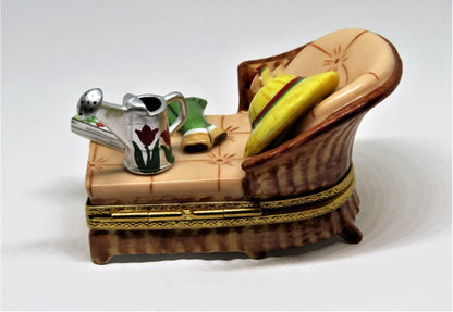 LIMOGES BOX - GARDEN CHAIR - HAT & RUBBER GLOVES & WATERING CAN & GARDENING BOOK