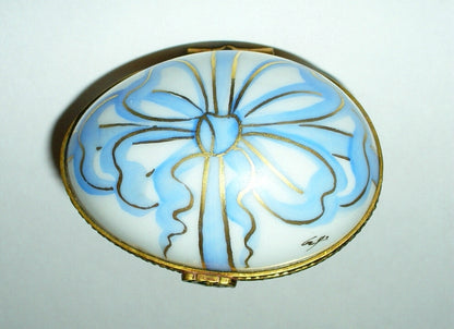 LIMOGES FRANCE BOX ~ EASTER EGG ~ BLUE & GOLD BOW ~ TOP SIGNED ~ PEINT MAIN