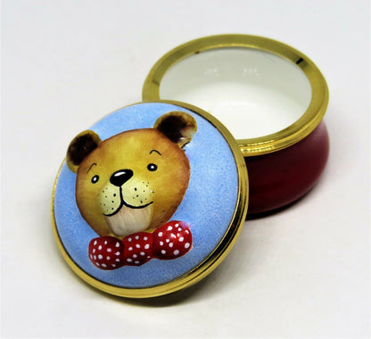 HALCYON DAYS ENAMEL BOX - 3 DIMENSIONAL TEDDY BEAR - BOW TIE & POLKA DOTS - MIB