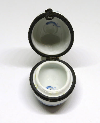 LIMOGES FRANCE BOX ~ VINTAGE FLORAL EASTER EGG ~ BLUE FLOWERS ~ TOP SIGNED "MC"