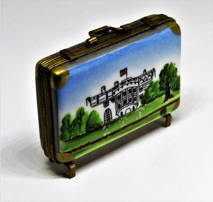 LIMOGES BOX - ROCHARD - VINTAGE WHITE HOUSE SUITCASE/ATTACHE CASE - EAGLE & FLAG