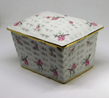 LIMOGES FRANCE TWO PIECE BOX ~ 'WOVEN WICKER' WITH PINK FLOWERS & BUDS