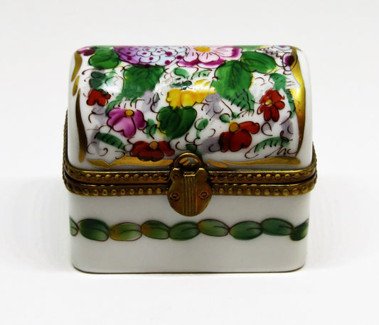 LIMOGES BOX - ROCHARD - VINTAGE FLORAL TRUNK & PADLOCK CLASP - ASSORTED FLOWERS