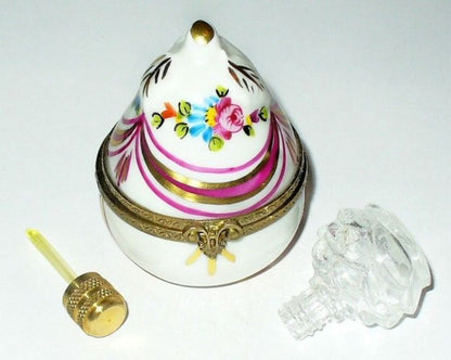LIMOGES BOX ~ FLORAL PEAR & PERFUME BOTTLE ~ DAISY & ROSE & RIBBON ~ PEINT MAIN