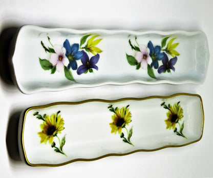 LIMOGES FRANCE - TWO RELISH TRAYS - TRINKET DISH - FLOWERS - ROCHARD