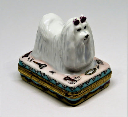 LIMOGES FRANCE BOX - ARTORIA - MALTESE DOG & GROOMING ACCESSORIES - PUPPY - LE