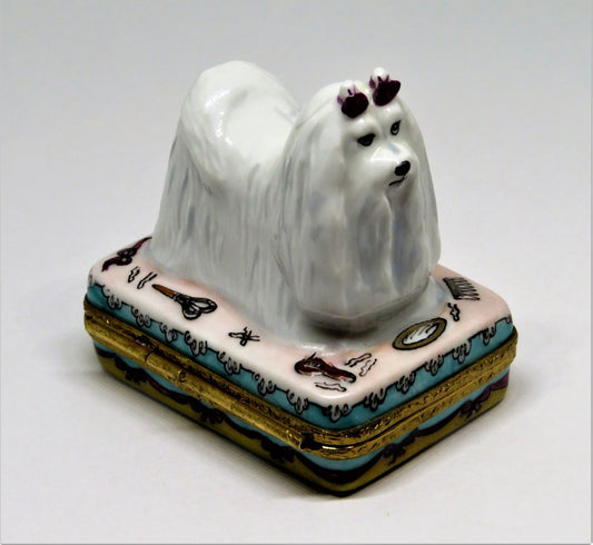 LIMOGES FRANCE BOX - ARTORIA - MALTESE DOG & GROOMING ACCESSORIES - PUPPY - LE