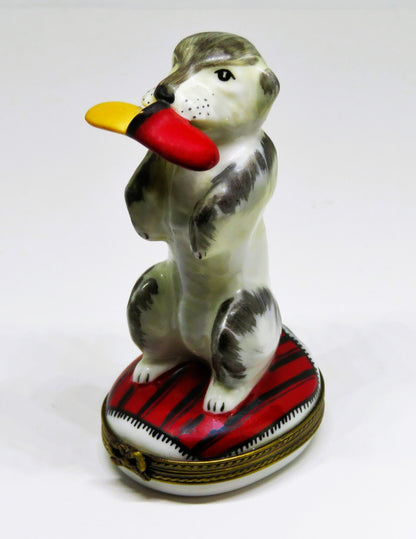 LIMOGES FRANCE BOX ~ CHAMART ~ CUTE SHAGGY PUPPY & SLIPPER ~ DOG ~ PEINT MAIN