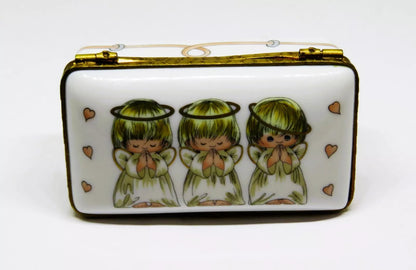 LIMOGES FRANCE BOX ~ ROCHARD ~ 3 LITTLE ANGELS ~ PINK HEARTS ~ "GOD BLESS YOU!"