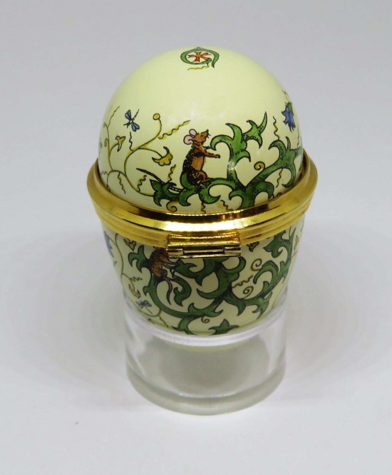 STAFFORDSHIRE ENGLISH ENAMEL BOX - VINTAGE EGG - MICE - BUTTERFLY - DRAGONFLY