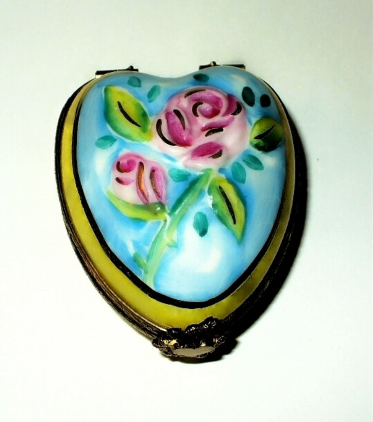 LIMOGES FRANCE BOX ~ FLORAL HEART ~ 3D FLOWERS ~ PINK ROSES ~ ANNIVERSARY