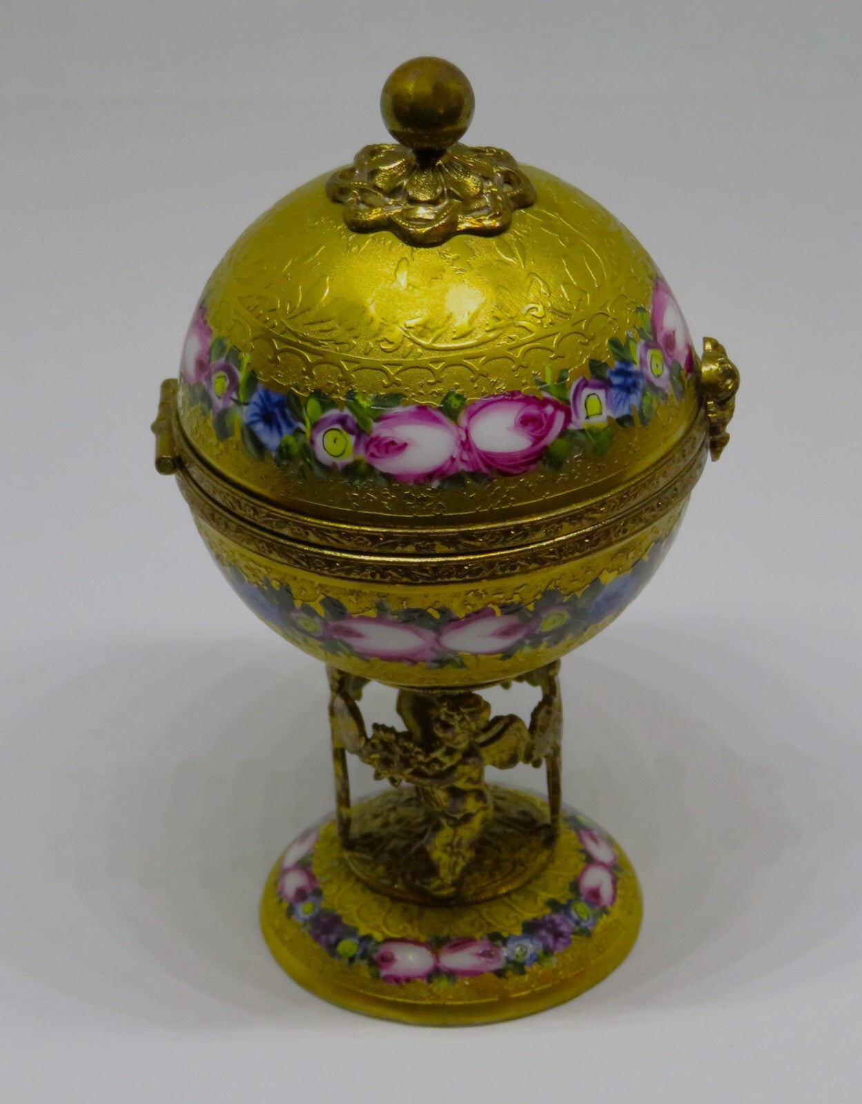 LIMOGES BOX - VINTAGE GOLD INCRUSTATION GLOBE & ANGEL STAND - FLOWERS - ROSES