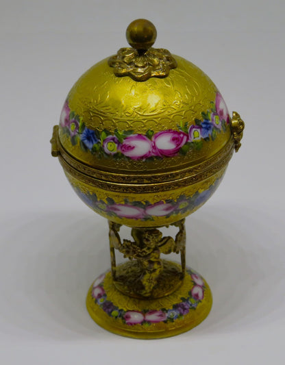 LIMOGES BOX - VINTAGE GOLD INCRUSTATION GLOBE & ANGEL STAND - FLOWERS - ROSES