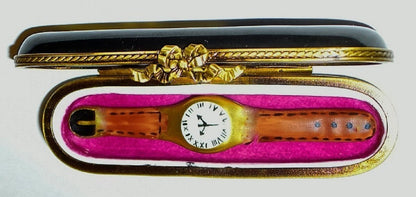 LIMOGES FRANCE BOX - BLACK WATCH CASE & REMOVABLE PORCELAIN WATCH - LE 284/300