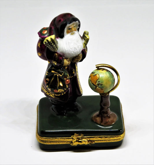 LIMOGES FRANCE BOX- CHRISTMAS - LYNN HANEY - "GLOBE SANTA CLAUS" - MAPS & WREATH