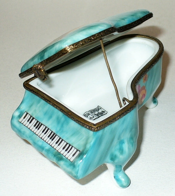 LIMOGES FRANCE BOX~ TEAL GRAND PIANO & FLOWERS ~ ROSES ~ SHEET MUSIC ~PEINT MAIN