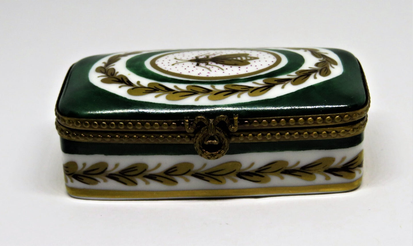LIMOGES FRANCE STAMP BOX - ROCHARD - GOLD NAPOLEONIC BEE & LAUREL
