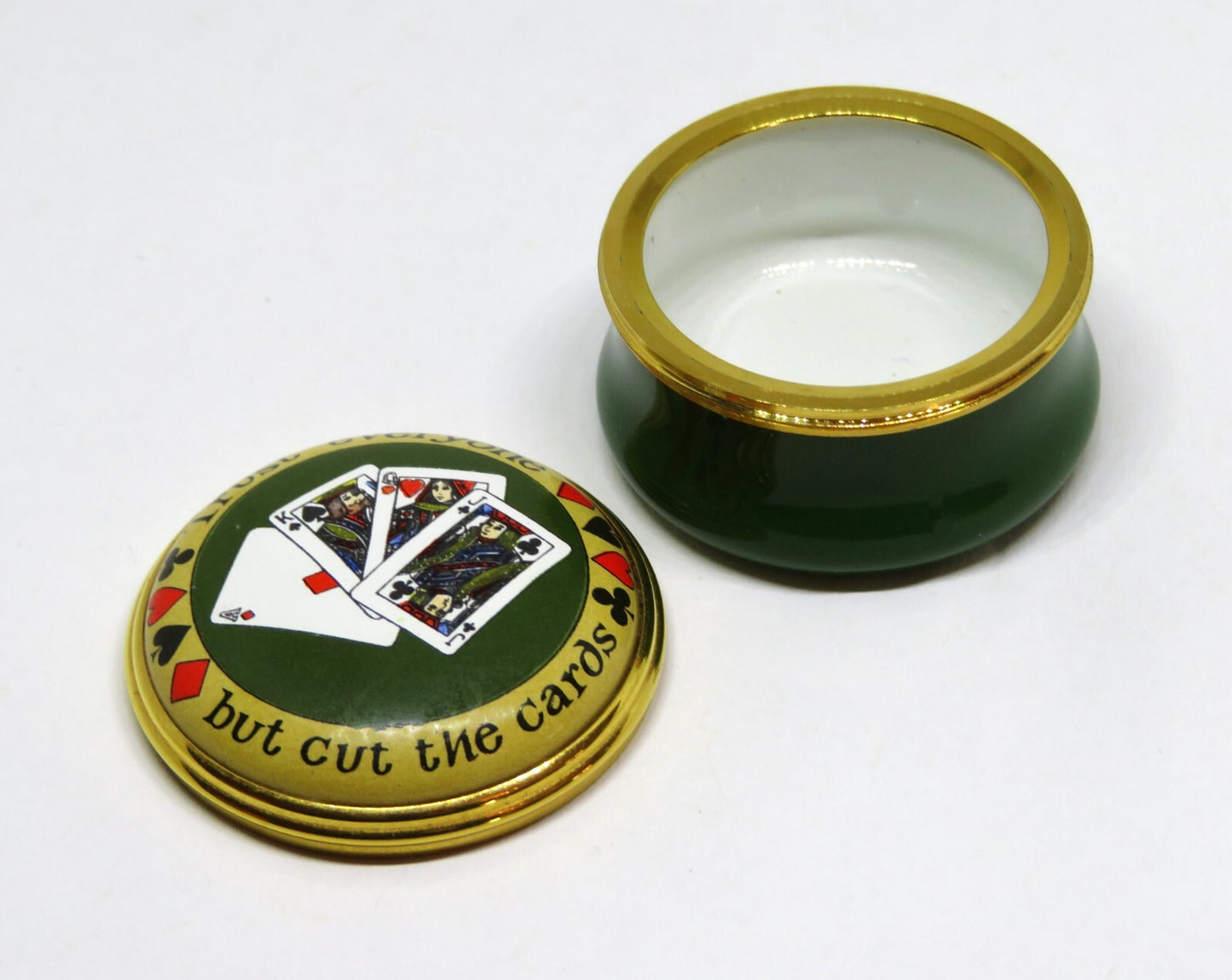 HALCYON DAYS ENGLISH ENAMEL BOX- "TRUST EVERYONE BUT CUT THE CARDS"