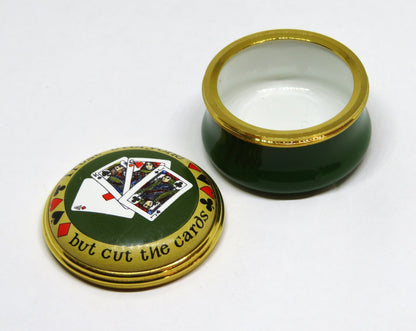 HALCYON DAYS ENGLISH ENAMEL BOX- "TRUST EVERYONE BUT CUT THE CARDS"