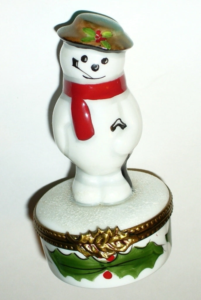 LIMOGES FRANCE BOX- ROCHARD - CHRISTMAS -SNOWMAN & SCARF & HAT & UMBRELLA- HOLLY