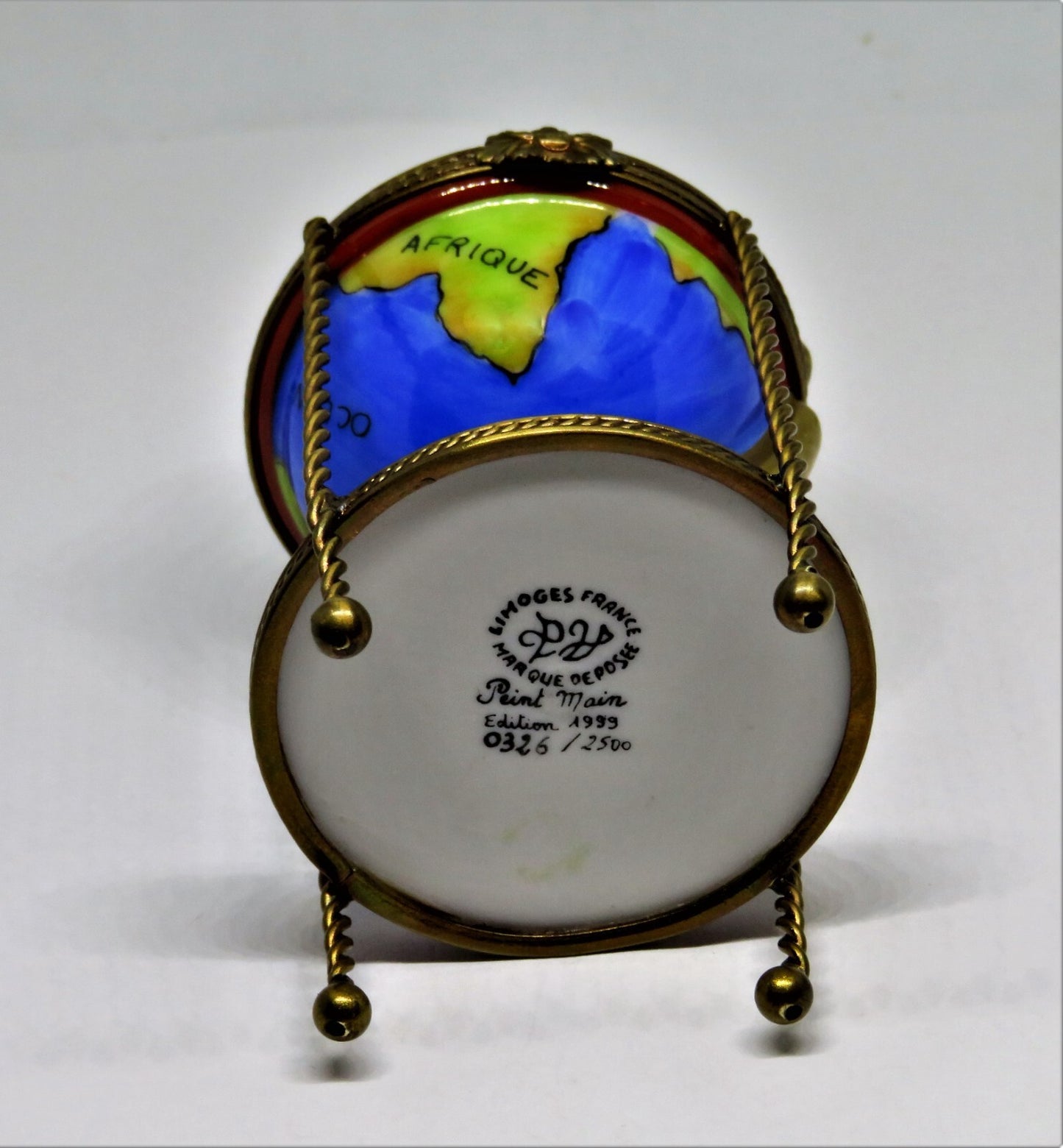 LIMOGES FRANCE BOX -PARRY-VIEILLE- WORLD GLOBE & METAL STAND - REMOVABLE COMPASS