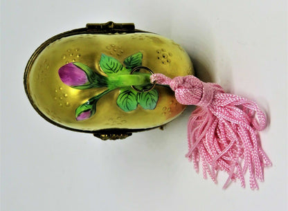 LIMOGES BOX - ROCHARD - GOLD FLORAL HEART & PERFUME BOTTLE - PINK ROSES & TASSEL