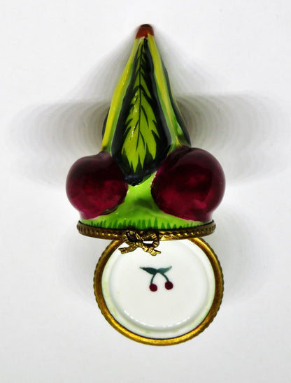 LIMOGES FRANCE BOX - RIPE RED CHERRIES ON A STEM & LEAVES - CHERRY - FRUITS