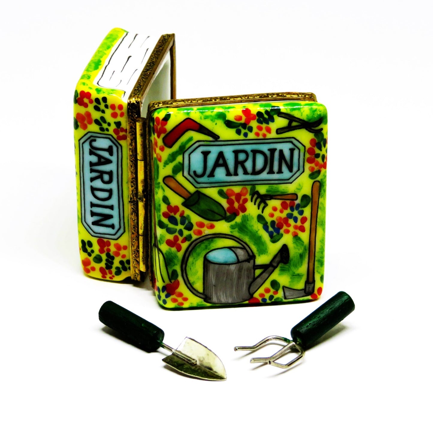 LIMOGES FRANCE BOX -LIMOGES IMPORTS- GARDENING BOOK & TOOLS - FLOWERS - "JARDIN"