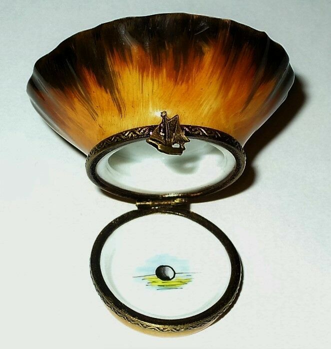 LIMOGES FRANCE BOX - MERMAID ON A CLAM SHELL - BLACK PEARL - SAILBOAT - SEASHELL