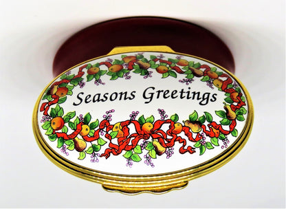 HALCYON DAYS ENAMEL BOX - "SEASONS GREETINGS" - CHRISTMAS WREATH - MISTLETOE