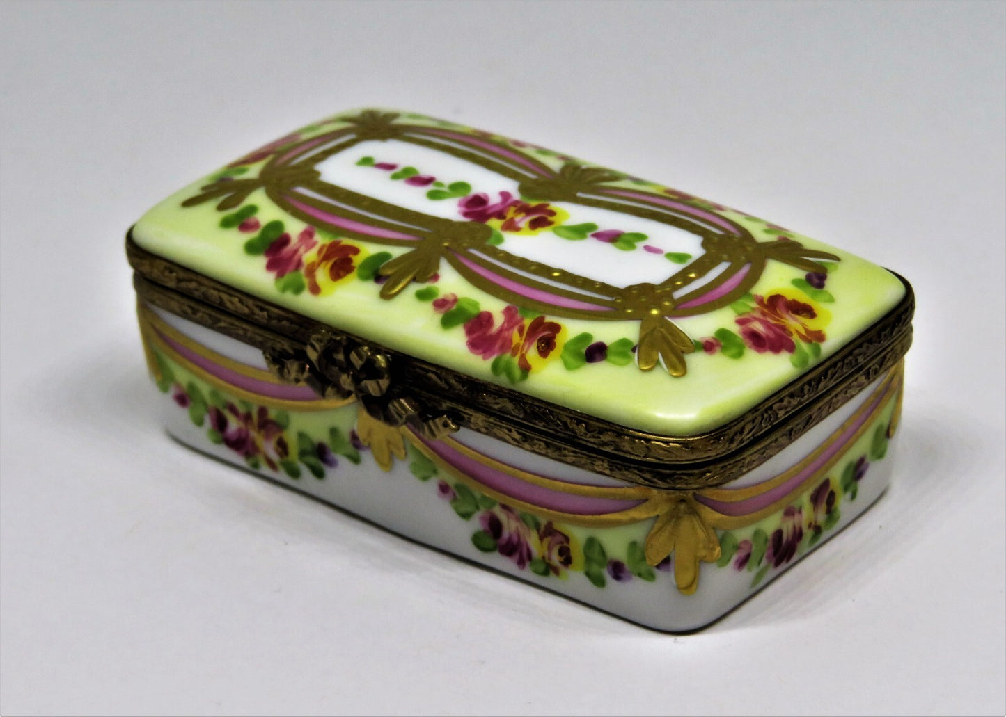 LIMOGES FRANCE BOX - FLORAL STAMP BOX - FLOWERS - ROSES - RIBBONS & TASSELS