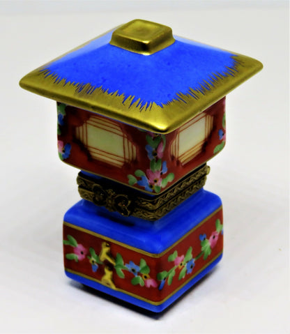 LIMOGES FRANCE BOX - ASIAN LANTERN - FLOWERS & GOLD TASSELS  - BUTTEFLY CLASP