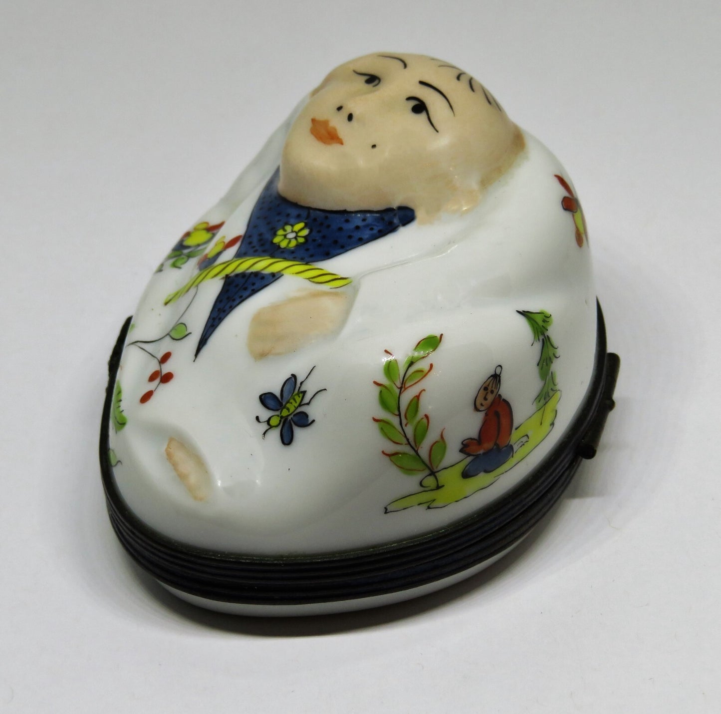 LIMOGES FRANCE BOX - RECLINING BUDDHA - FLOWERS & BUTTERFLY & ASIAN MAN - "MC"