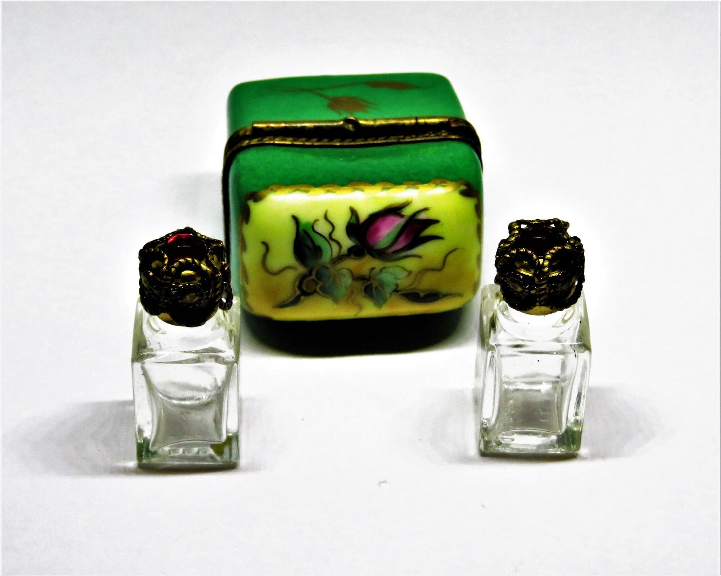LIMOGES FRANCE BOX -CHAMART- FLORAL CHEST & 2 PERFUME BOTTLES -FLOWERS- ROSEBUDS