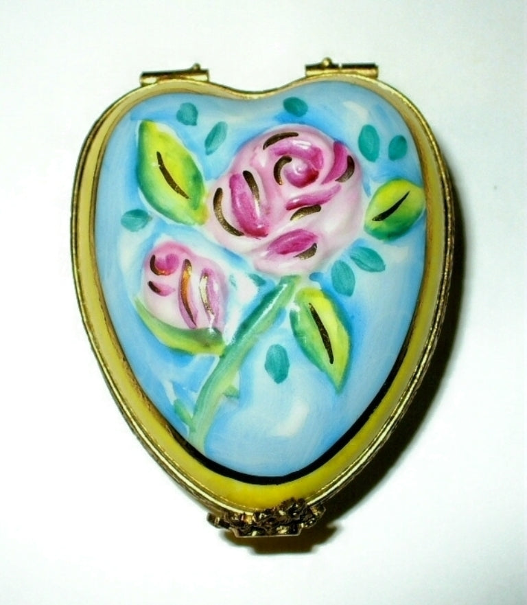 LIMOGES FRANCE BOX ~ FLORAL HEART ~ 3D FLOWERS ~ PINK ROSES ~ ANNIVERSARY
