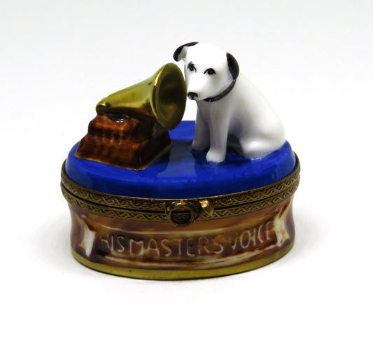 LIMOGES BOX - TERRIER - DOG & GRAMOPHONE - PUPPY - "HIS MASTER'S VOICE" - NIPPER