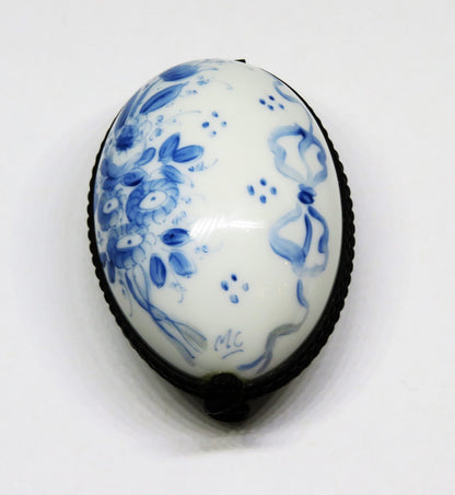 LIMOGES FRANCE BOX ~ VINTAGE FLORAL EASTER EGG ~ BLUE FLOWERS ~ TOP SIGNED "MC"
